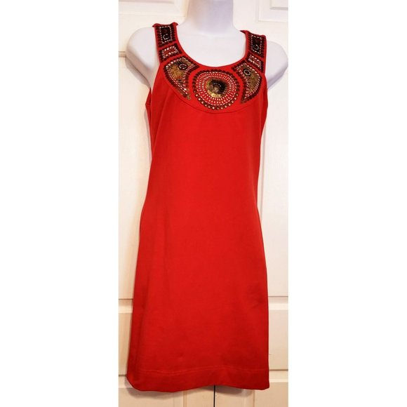 Boston Proper Red Bodycon Dress Size 4 Womens Sleeveless Beaded Neck Detail - Picture 5 of 6
